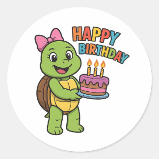 Turtle saying Happy Birthday Classic Round Sticker