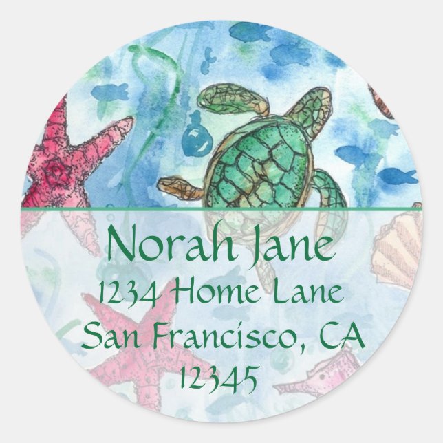 Turtle Sea Creatures Blue Return Address Classic Round Sticker (Front)