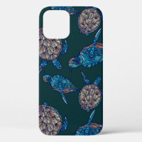 Turtle seamless pattern on dark background. illust