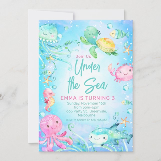 Turtle Shark Octopus Under The Sea Birthday  Invitation (Front)
