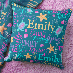 Turtle, starfish and hearts name patterned cushion