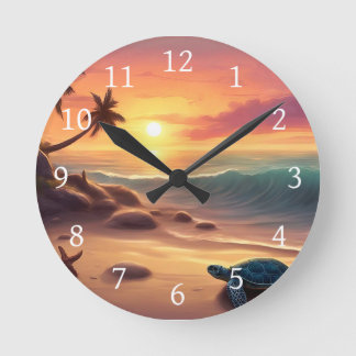 Turtle Starfish Beach Sunset Design 307 Round Clock