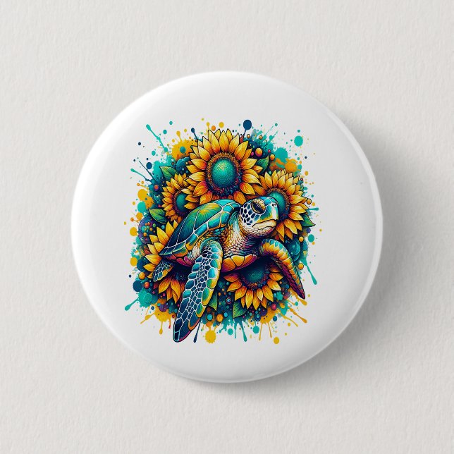Turtle Sunflower 6 Cm Round Badge (Front)