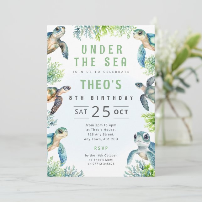 Turtle Theme Birthday Invite Ocean Animals Party (Standing Front)