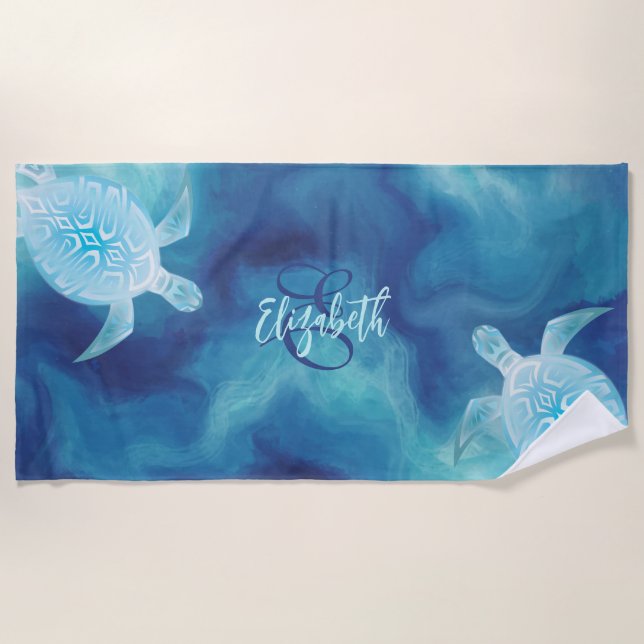Turtle Tribal Blue Watercolor Monogram Beach Towel (Front)