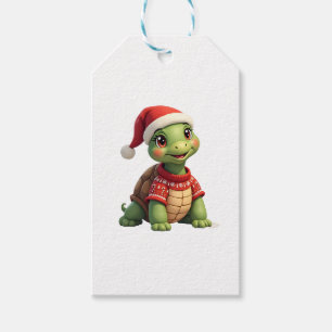 Turtle Ugly Sweater Santa Hat Christmas T-Shirt (1 Gift Tags