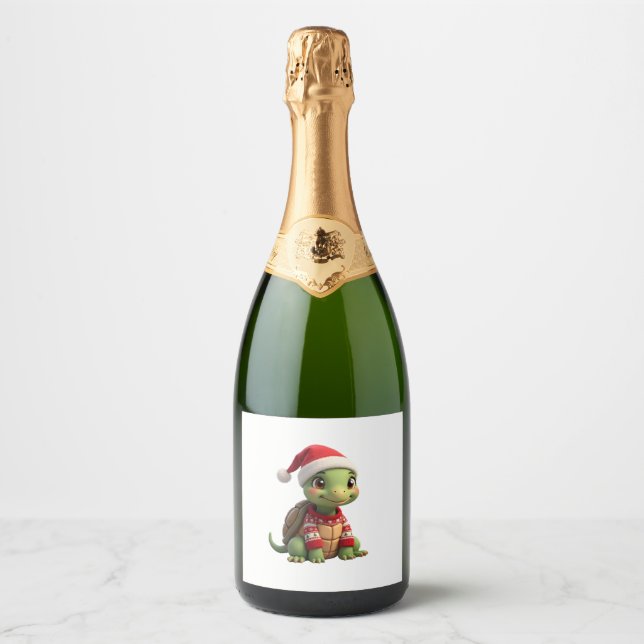 Turtle Ugly Sweater Santa Hat Christmas T-Shirt (2 Sparkling Wine Label (Front)