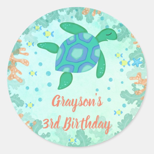 Turtle Under The Sea Birthday Classic Round Sticker (Front)
