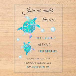 Turtle Under The Sea Watercolor 1st Birthday Acrylic Invitations