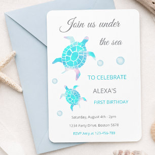 Turtle Under The Sea Watercolor  1st Birthday  Invitation