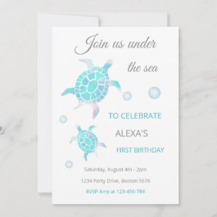Turtle Under The Sea Watercolor 1st Birthday Invitation