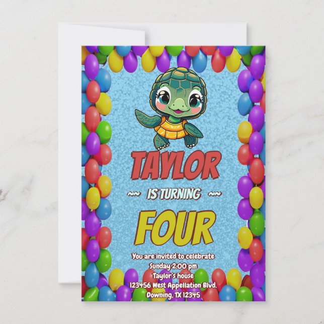 Turtle Unique Personalised Birthday Invite Kids (Front)