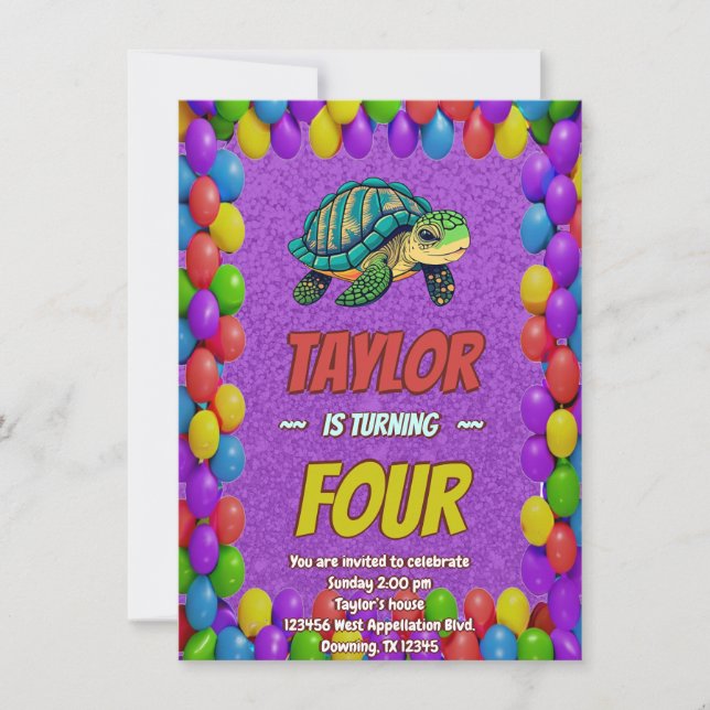 Turtle Unique Personalised Birthday Invite Kids (Front)