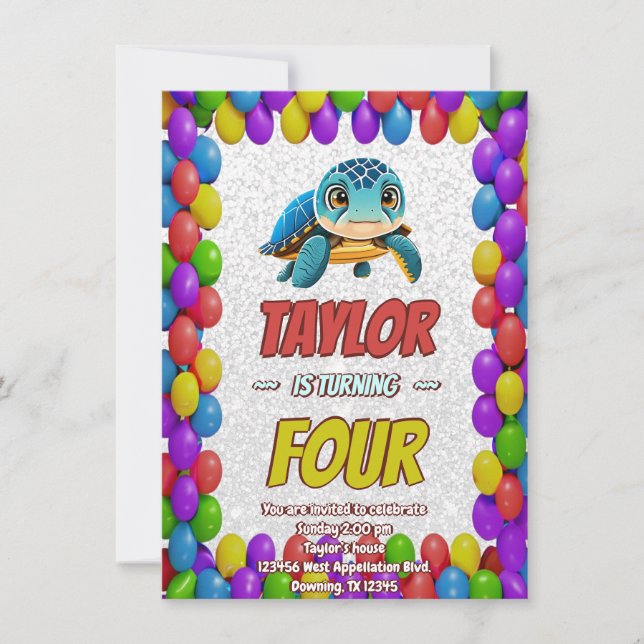 Turtle Unique Personalised Birthday Invite Kids (Front)