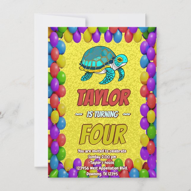 Turtle Unique  Personalised Birthday Invite Kids (Front)