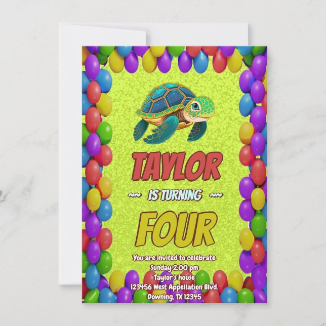 Turtle Unique Personalised Birthday Invite Kids (Front)