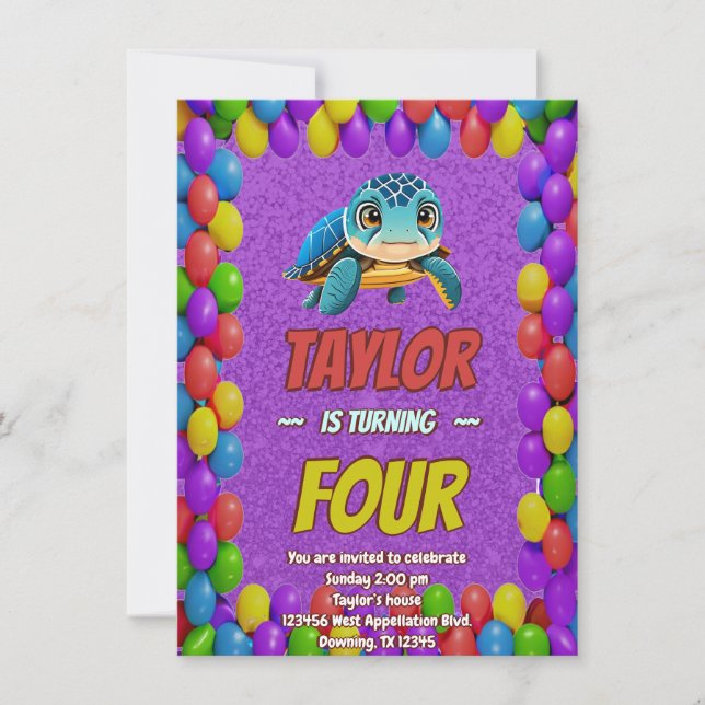 Turtle Unique Personalised Birthday Invite Kids (Front)
