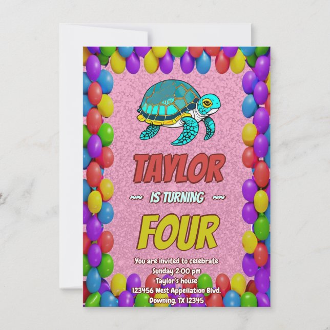 Turtle Unique Personalised Birthday Invite Kids (Front)