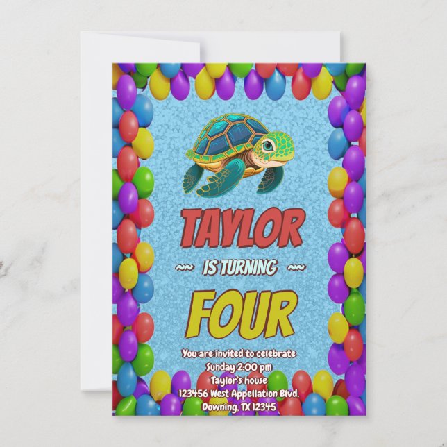 Turtle Unique Personalised Birthday Invite Kids (Front)