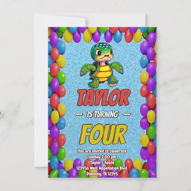 Turtle Unique Personalised Birthday Invite Kids (Front)