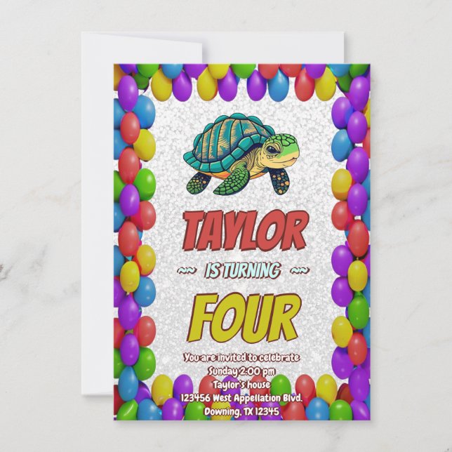 Turtle Unique Personalised Birthday Invite Kids (Front)
