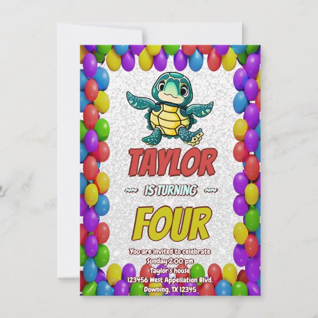 Turtle Unique Personalised Birthday Invite Kids (Front)