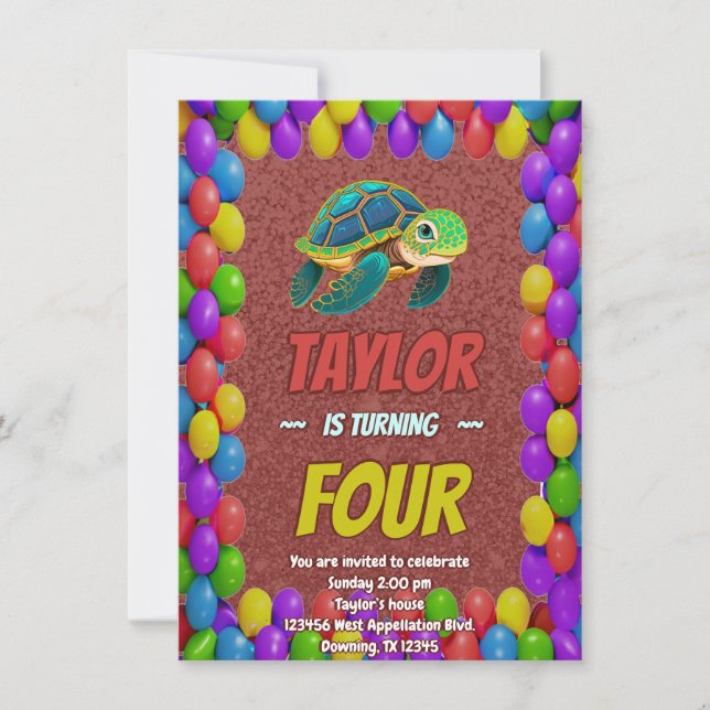 Turtle Unique  Personalised Birthday Invite Kids (Front)