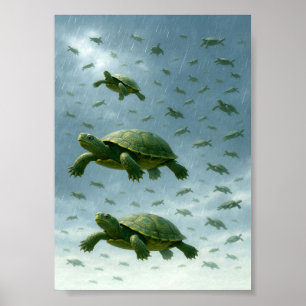 Turtle Wall Art, Happy Turtle in the Rain Art Poster