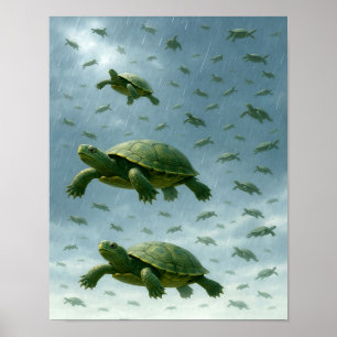 Turtle Wall Art, Happy Turtle in the Rain Art Poster