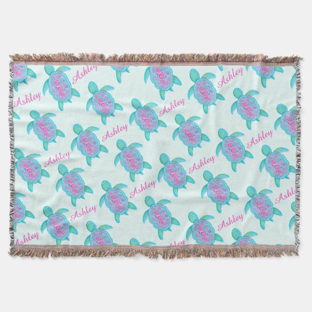 Turtle watercolor art name pattern aqua throw blanket (Front)