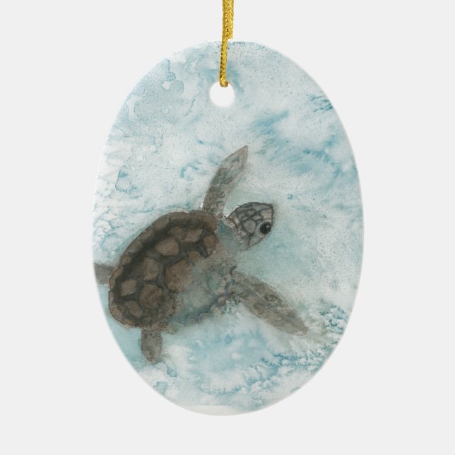 Turtle Watercolor Painting Ceramic Tree Decoration (Front)