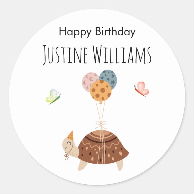 Turtle with balloons and party hat, classic round sticker (Front)