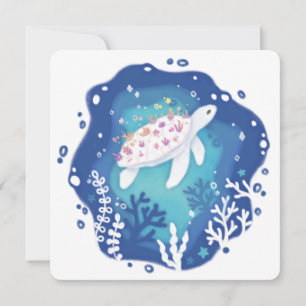 Turtle with Corals in Ocean Paper Art Illustration Invitation
