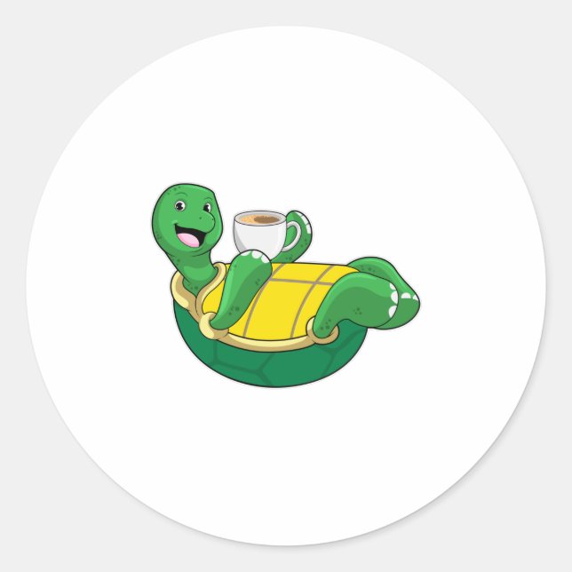 Turtle with Cup of Coffee Classic Round Sticker (Front)