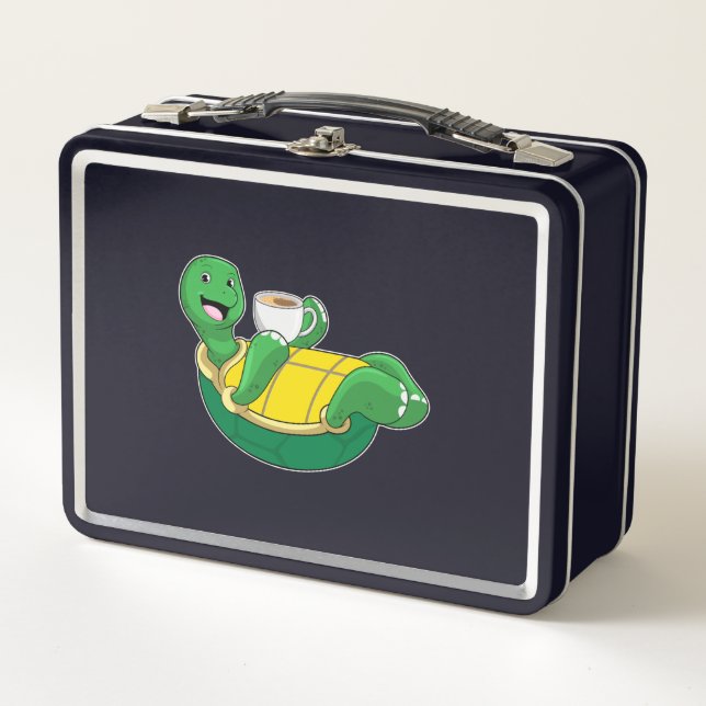 Turtle with Cup of Coffee Metal Lunch Box (Front)