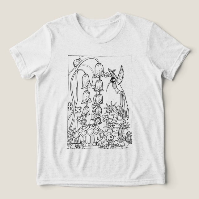 Turtle with fancy bird colouring Tri-Blend shirt (Design Front)