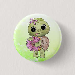 Turtle with flower 3 cm round badge