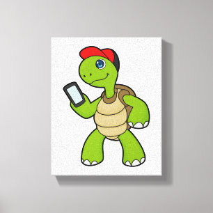 Turtle with Phone & Hat Canvas Print