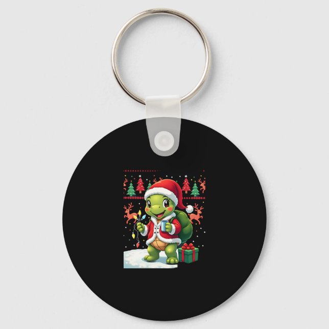 Turtle Xmas Lights Ugly Santa Turtle Christmas Tan Key Ring (Front)