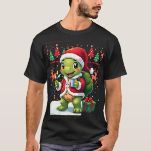 Turtle Xmas Lights Ugly Santa Turtle Christmas Tan T-Shirt