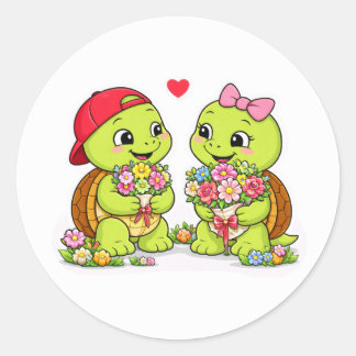 Turtles and flowers in sweet harmony classic round sticker