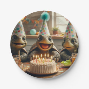 Turtles celebrating birthday with cake and hats In Paper Plate