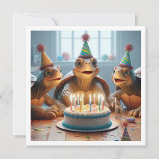 Turtles celebrating birthday with cake and hats invitation