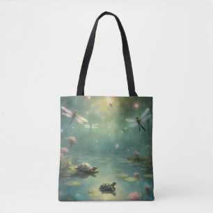 Turtles Dragonflies on lily-pads on the pond Tote Bag