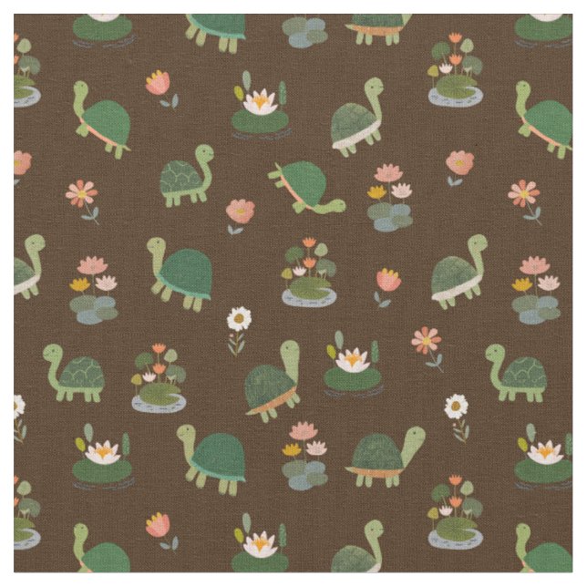 Turtles & Lily Pads on Dark Brown Fabric (Close Up)