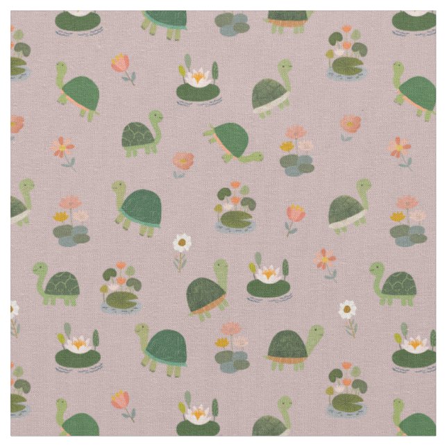 Turtles & Lily Pads on Light Grey-Pink Fabric (Close Up)
