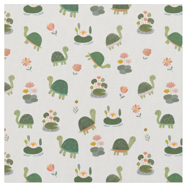 Turtles & Lily Pads on Off-White Fabric (Close Up)