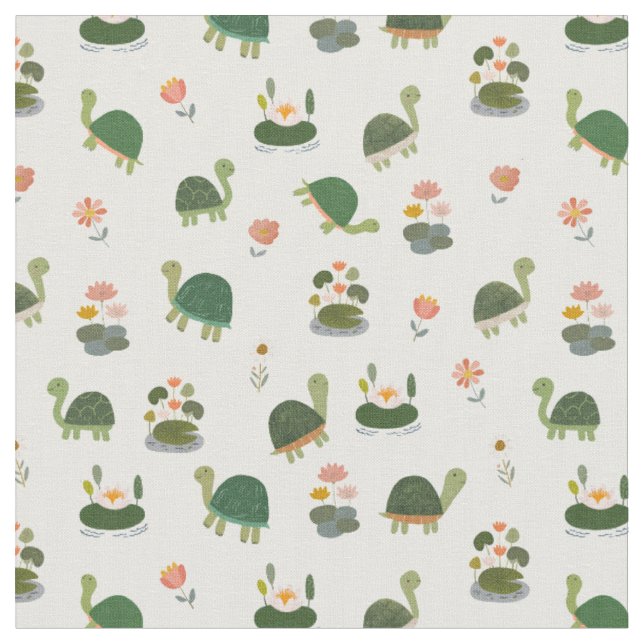 Turtles & Lily Pads on White Fabric (Close Up)