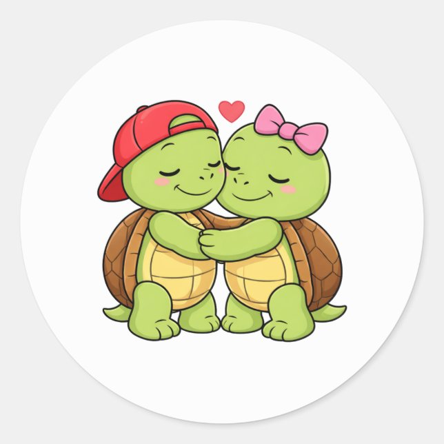 Turtles sharing a sweet embrace classic round sticker (Front)
