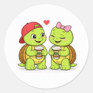 Turtles sharing coffee and smiles classic round sticker